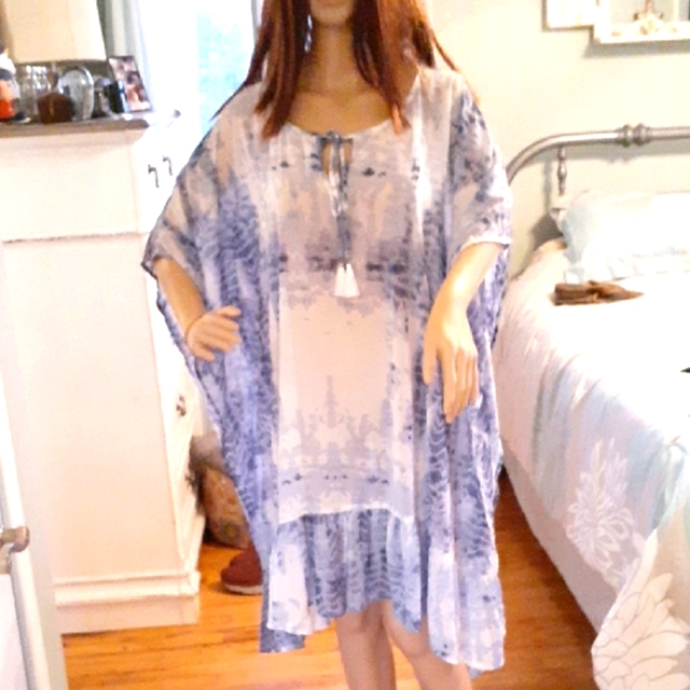 Island Blue Boho Blue Ruffle hem Flowy Tie-Dye Kaftan